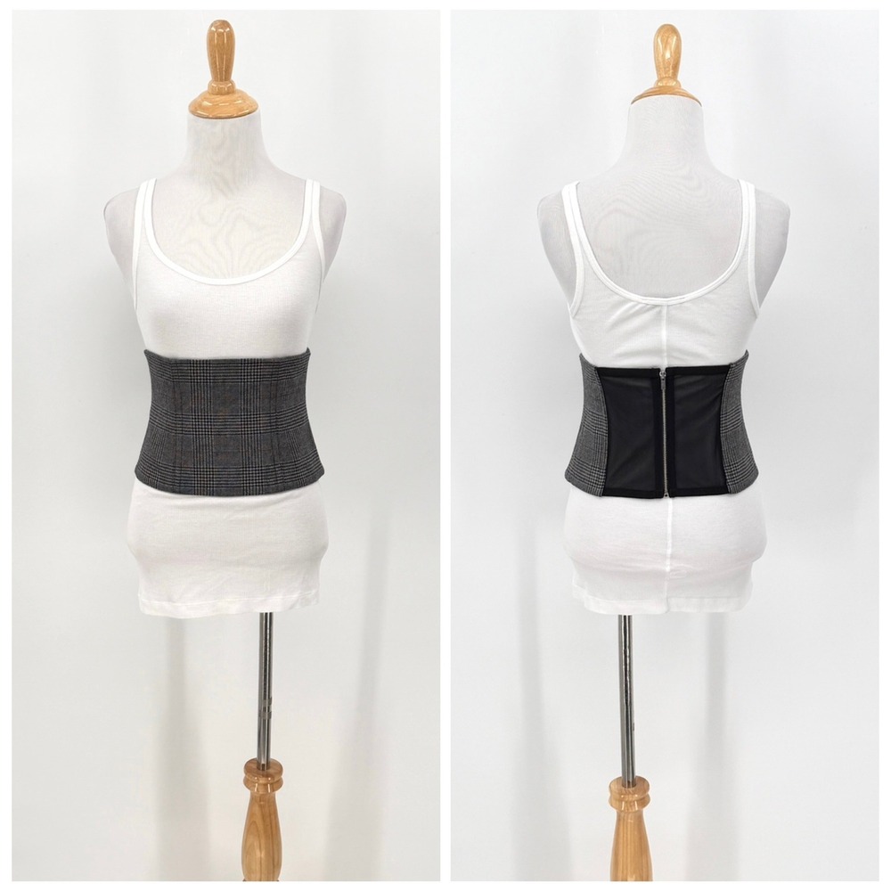 TIBI Glen Plaid Wool Corset Belt Womens 4 Gray Black Sheer Zipper Accessory